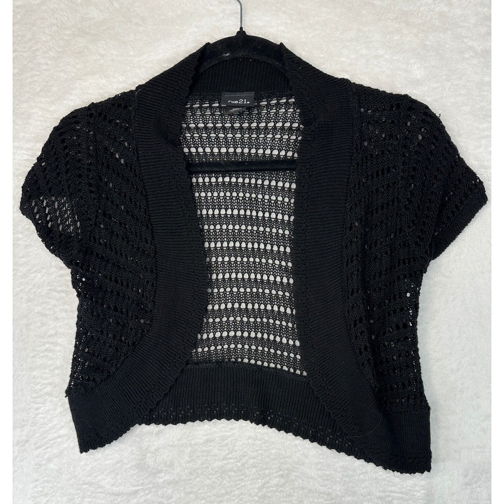 Rue21 Shrug Cardigan Womens Small Black Open Knit Cropped Short Sleeve